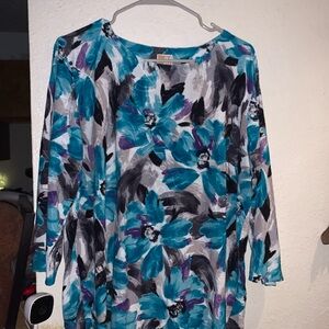 JM Collection Teal and Black Floral Blouse